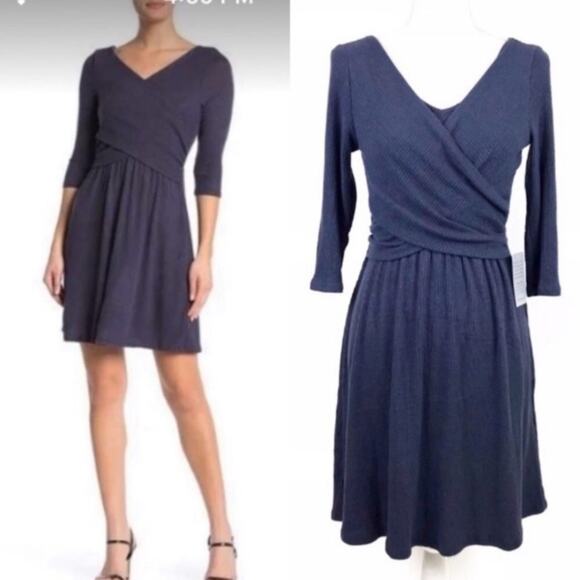 The Vanity Room Dress Faux Wrap Ribbed Mini Stretch Small Navy NWT - Picture 1 of 9